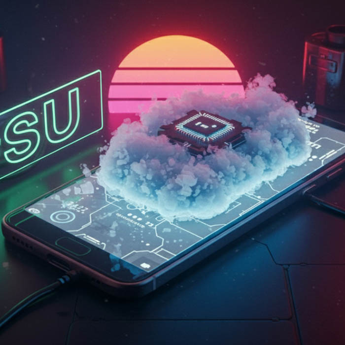 Φουτουριστικό στιγμιότυπο από mobile apps, cloud και AI